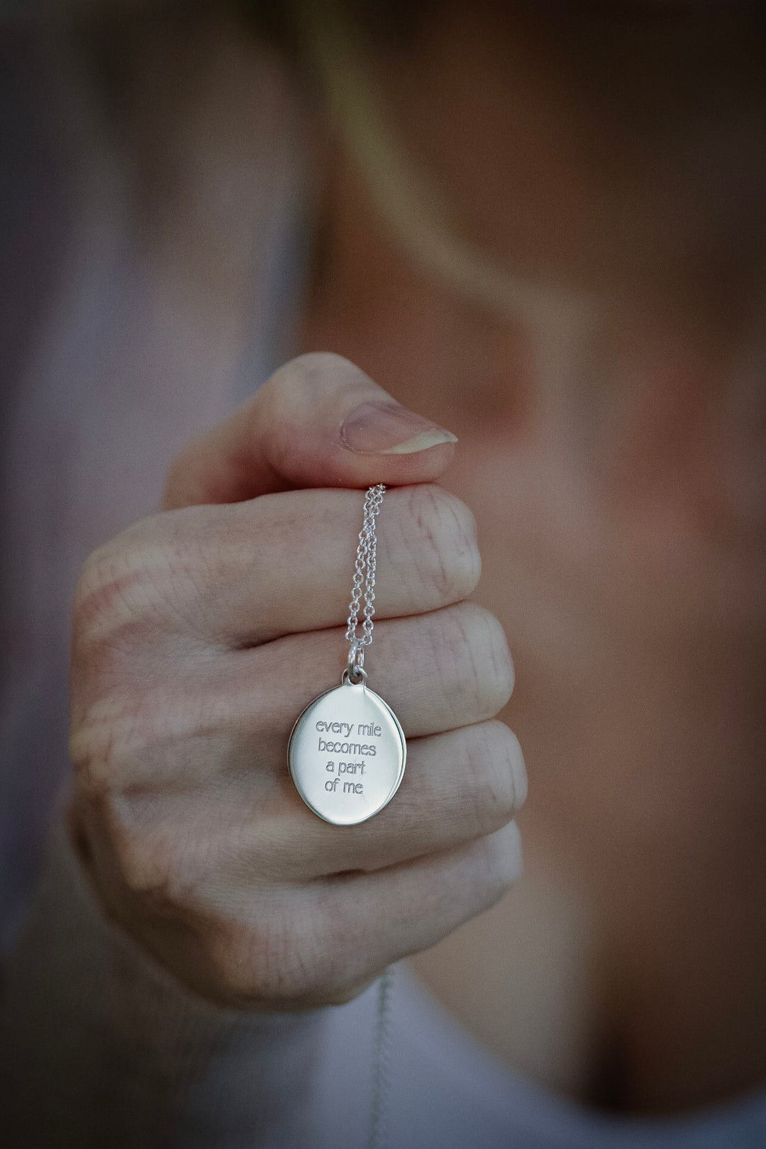 Custom engraved mantra necklace. Every mile becomes a part of me.