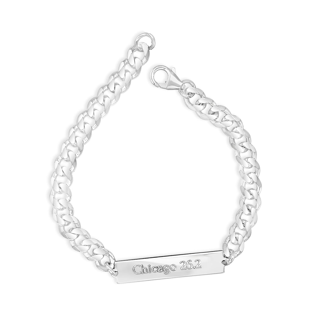 Silver chain bracelet with 'Chicago 28.2' engraving on a white background