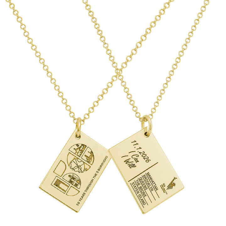 14k yellow gold five boroughs postcard necklace for the TCS New York City Marathon
