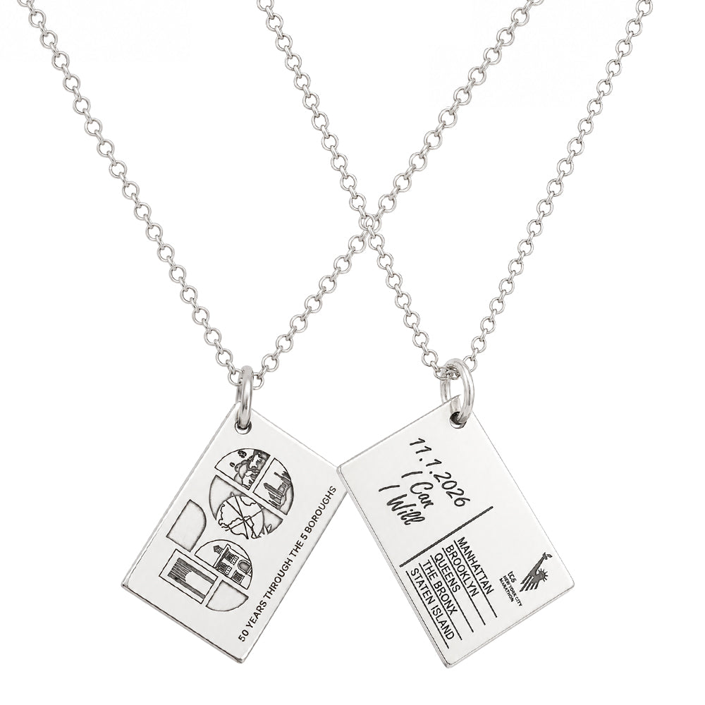 Sterling silver five boroughs postcard necklace marking 50 years of the TCS New York City Marathon