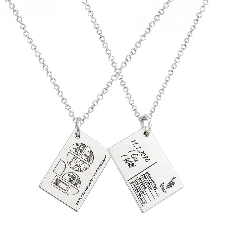 Sterling silver five boroughs postcard necklace marking 50 years of the TCS New York City Marathon